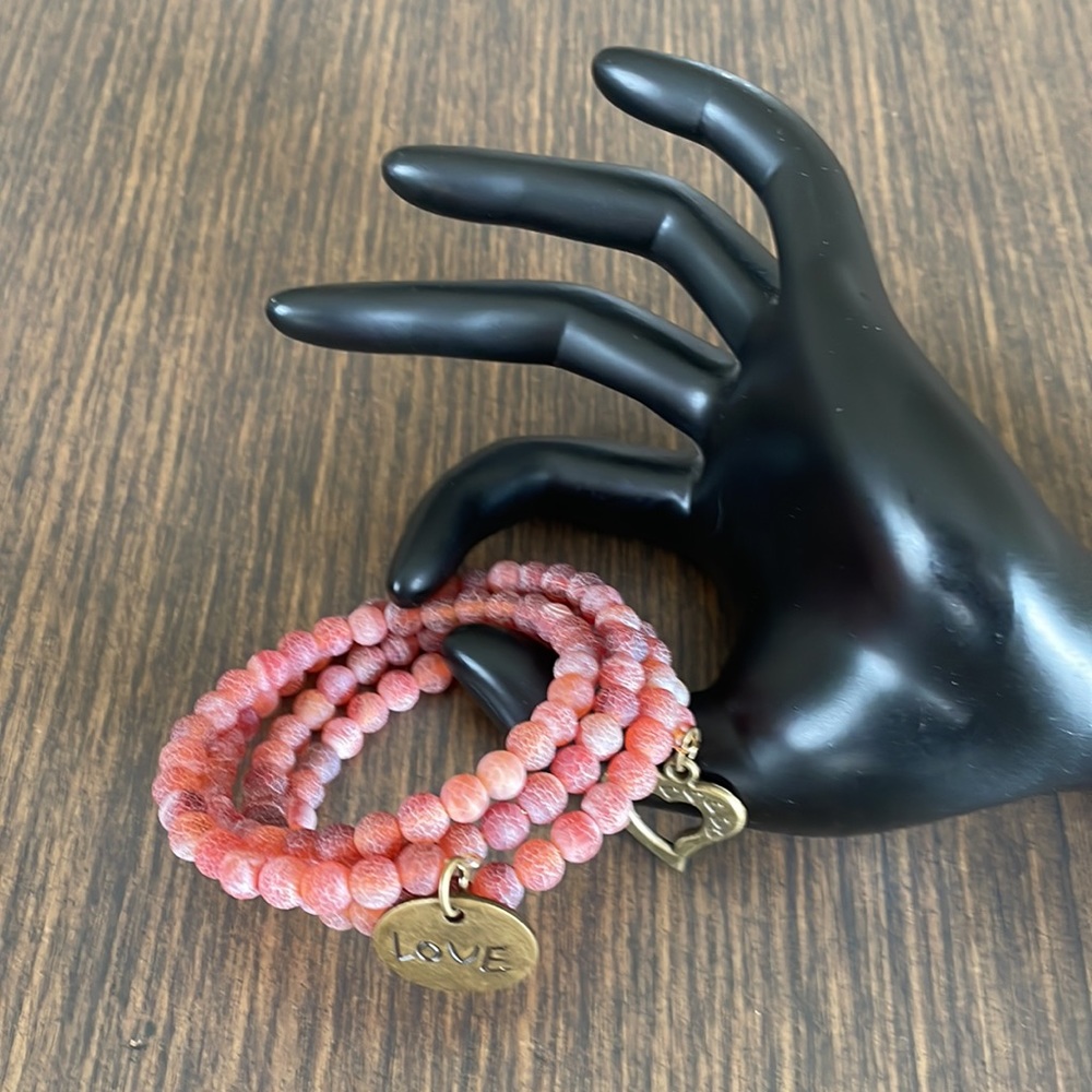 HAND CRAFTED BRACELET Red Pink Orange Snakeskin Agate Memory Stacked Lay… - Picture 4 of 7